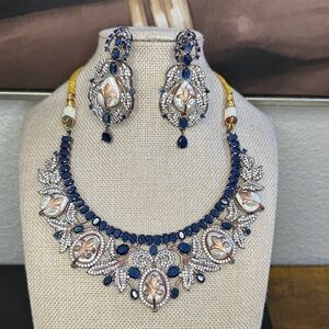 Sabyasachi inspired premium Quality uncut moissanite Kundan necklace (Sapphire)